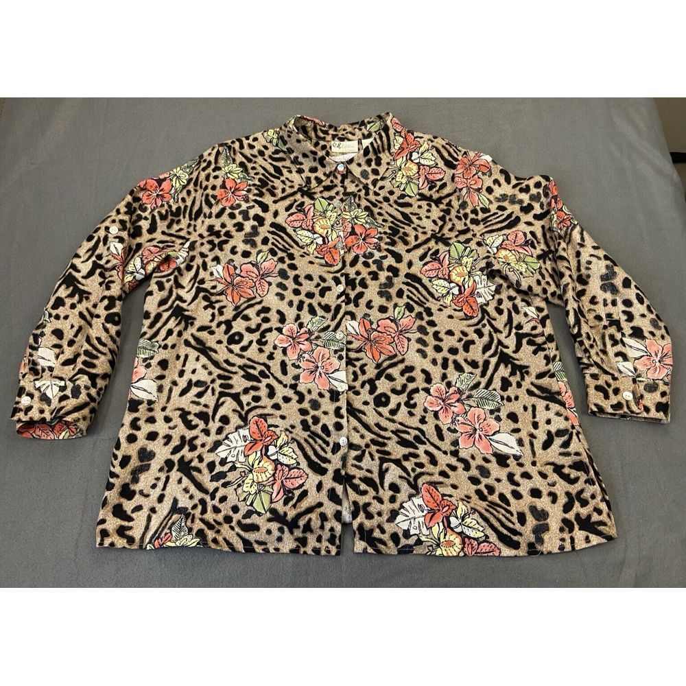 Studio Works Button Shirt Womens 2X Animal‎ Print Floral Boho 100% LINEN Casual